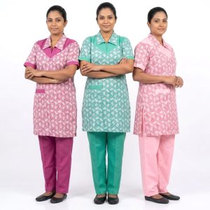 Dots Maid Punjabi Uniform TC- Cotton Material - Dark Pink Green Light Pink