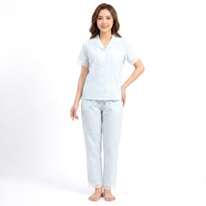 Mini Checks Ladies Pajama Set - Sky Blue