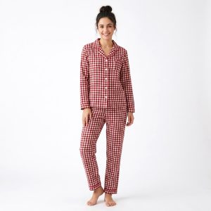 White Checks Ladies Front Open Pajama Set - Red