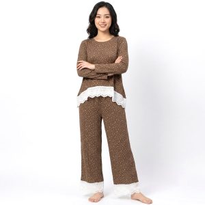 Mini Dots Design Ladies Pajama Set - Brown