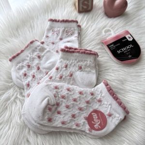 Bow Kids School Socks 3 Pcs Set Ankle Cut - White