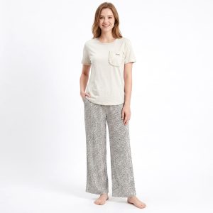 Lace Pocket Ladies Pajama Set - White Grey