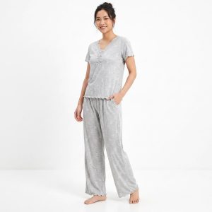 Plain Butterfly V Neck Ladies Pajama Set - Grey