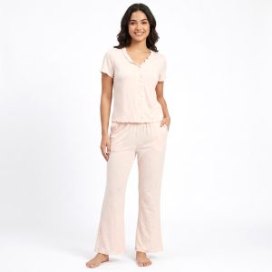 Plain V Neck Ladies Pajama Set - Pink