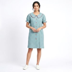 Dots Front Open Ladies Dress - Blue