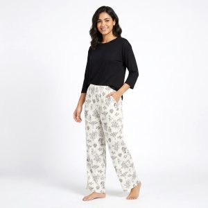 Floral Ladies Pajama Set - White Black
