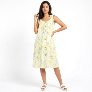 Floral Front Open Ladies Dress - Yellow
