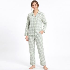 Green Checks Ladies Front Open Pajama Set - Cream