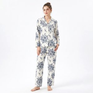 Huge Floral Ladies Front Open Pajama Set - White
