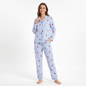 Heart Strips Ladies Front Open Pajama Set - Blue
