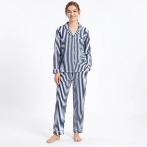 Blue Strips Ladies Front Open Pajama Set - White