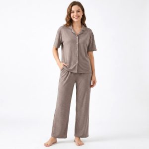 Plain V-Collar Ladies Pajama Set - Brown