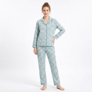 Mini Floral Ladies Front Open Pajama Set - Green