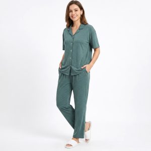 Plain V-Collar Ladies Pajama Set - Green