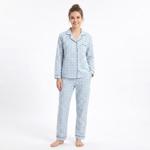 Mini Checks Ladies Front Open Pajama Set - Sky Blue