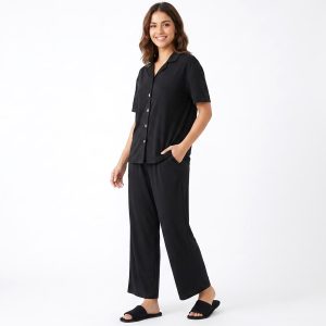 Plain V-Collar Ladies Pajama Set - Black