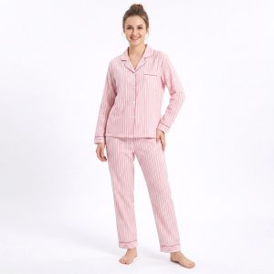 Double Strips Ladies Front Open Pajama Set - Pink