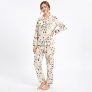 Floral Ladies Front Open Pajama Set - Light Cream
