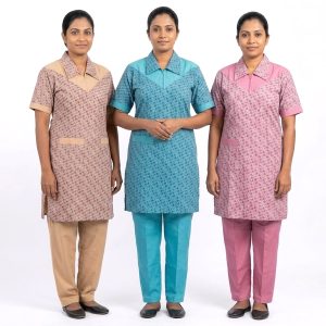Dots Maid Punjabi Uniform TC- Cotton Material - Blue Brown Pink