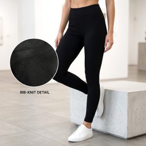 Plain Ladies Leggings with Rib-Knit Material - Black