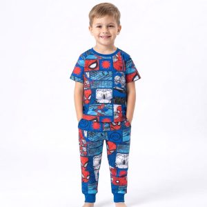 Spiderman Checks Boys Half Sleeves Pajama Set MCHAKKY - Blue