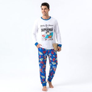 Superman Men's Full Sleeves Pajama Set - White Blue -MF 011
