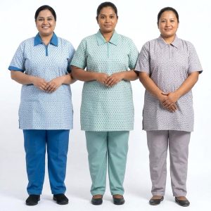 Dots Maid Punjabi Uniform TC- Cotton Material - Blue Grey Green