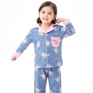 Unicorn Girls Front Open Pajama Set - Blue