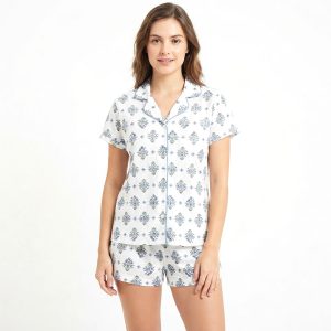 Floral Strips Ladies Front Open Shorts Set - White