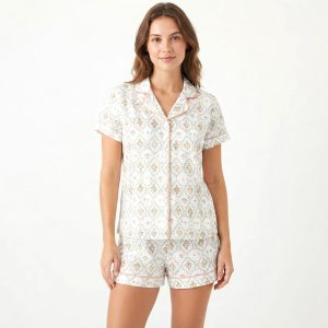 Floral Diamonds Ladies Front Open Shorts Set - White