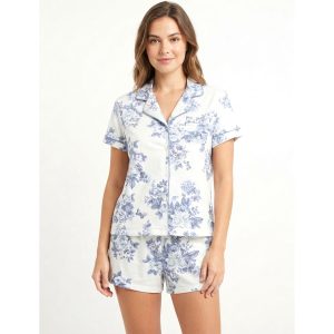 Blue Flowers Ladies Front Open Shorts Set - White