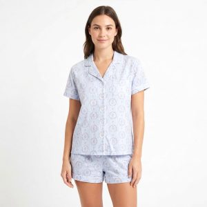 Circle Floral Ladies Front Open Shorts Set - Sky Blue