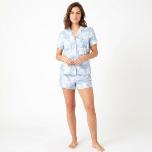 Leaves Ladies Front Open Shorts Set - Sky Blue