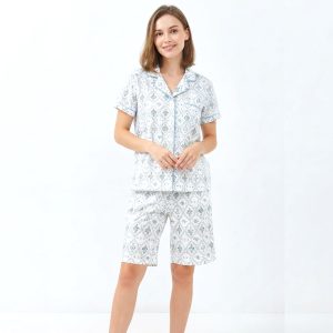 Diamond Floral Ladies Front Open Shorts Set - White
