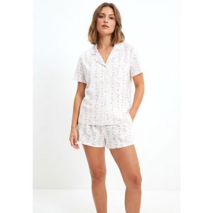 Strips Floral Ladies Front Open Shorts Set - White