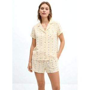 Strips Floral Ladies Front Open Shorts Set - Yellow