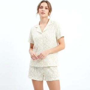 Tiny Floral Ladies Front Open Shorts Set - White