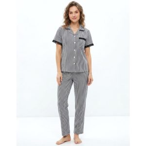 Lace Strips Ladies Full Sleeves Pajama Set - Black