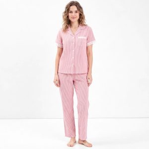 Lace Strips Ladies Full Sleeves Pajama Set - Pink