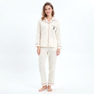 VS Dots Ladies Full Sleeves Pajama Set - Cream