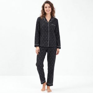 Dots Ladies Full Sleeves Pajama Set - Black