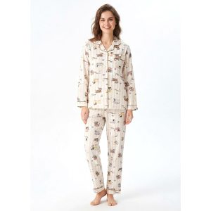 Teddy Ladies Full Sleeves Pajama Set - Cream