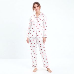 Lips Ladies Full Sleeves Pajama Set - White